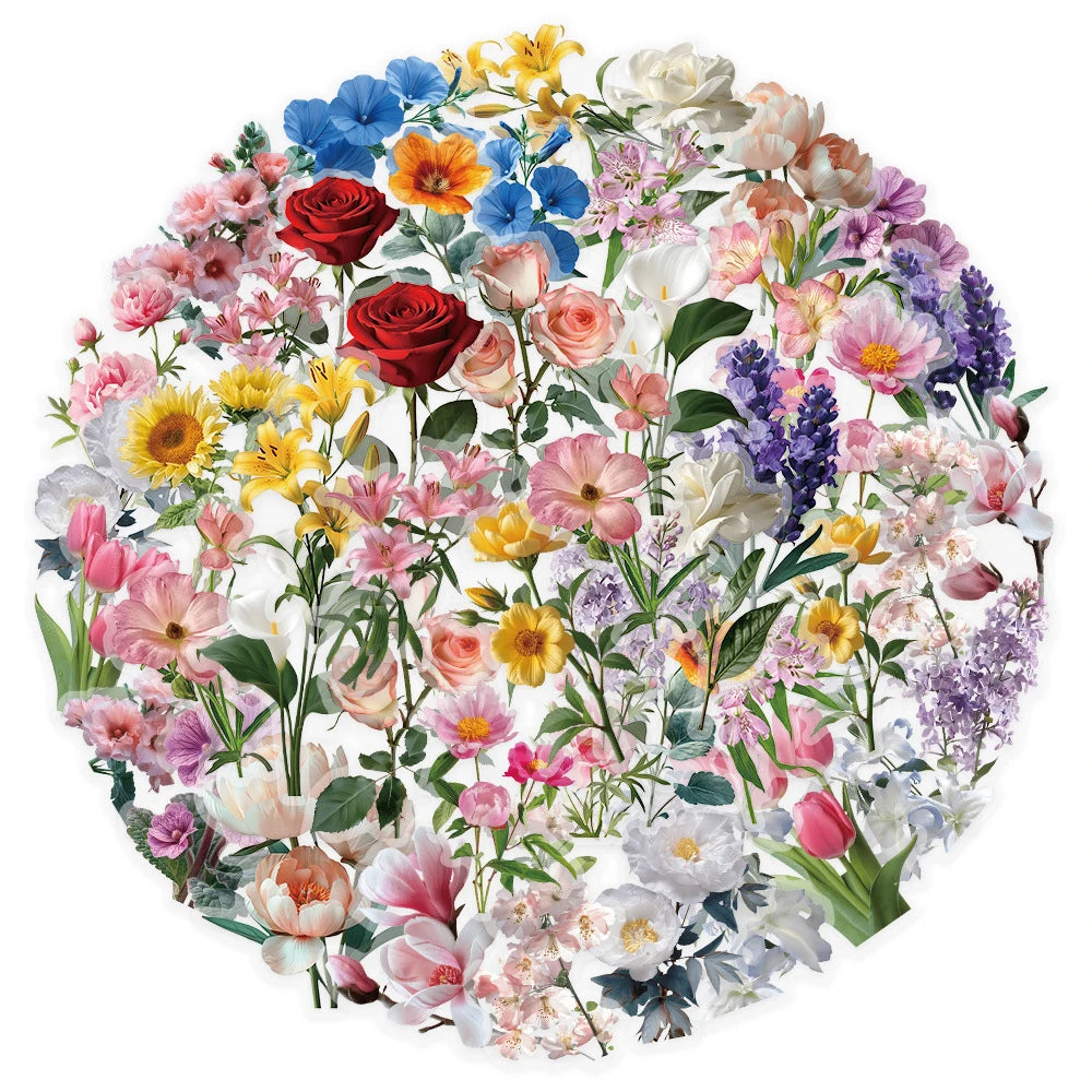 A circular arrangement of colorful, aesthetic transparent flower decals for scrapbooking