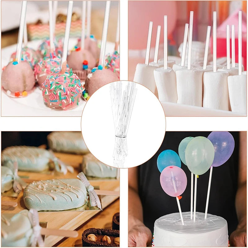 Various acrylic cake pop sticks of different lengths are shown in close-up and in use for decorating treats.