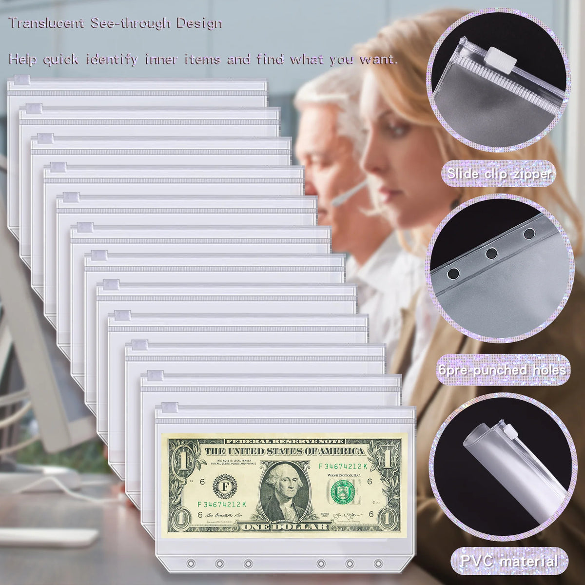 A transparent sleeve binder featuring a slide clip zipper and six punched holes for organizing cash envelopes.