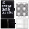 A black budget savings binder with a cover labeled 100 Envelope Savings Challenge and a clear plastic sheet for tracking.