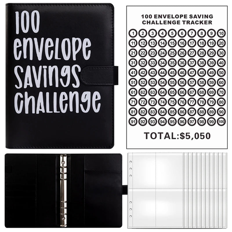 A black budget savings binder with a cover labeled 100 Envelope Savings Challenge and a clear plastic sheet for tracking.