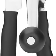 Silver heavy-duty manual can opener with a black handle and magnetic lid lock.