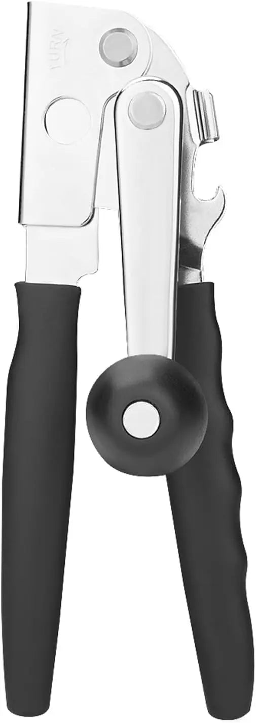 Silver heavy-duty manual can opener with a black handle and magnetic lid lock.
