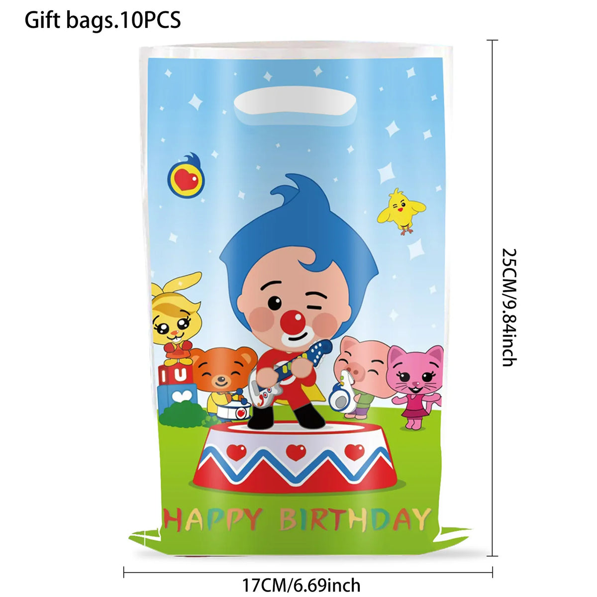 A clear plastic gift bag featuring a cartoon character and a happy birthday message for a circus theme party.