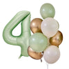 A cluster of olive green and gold foil balloons shaped like the number four.