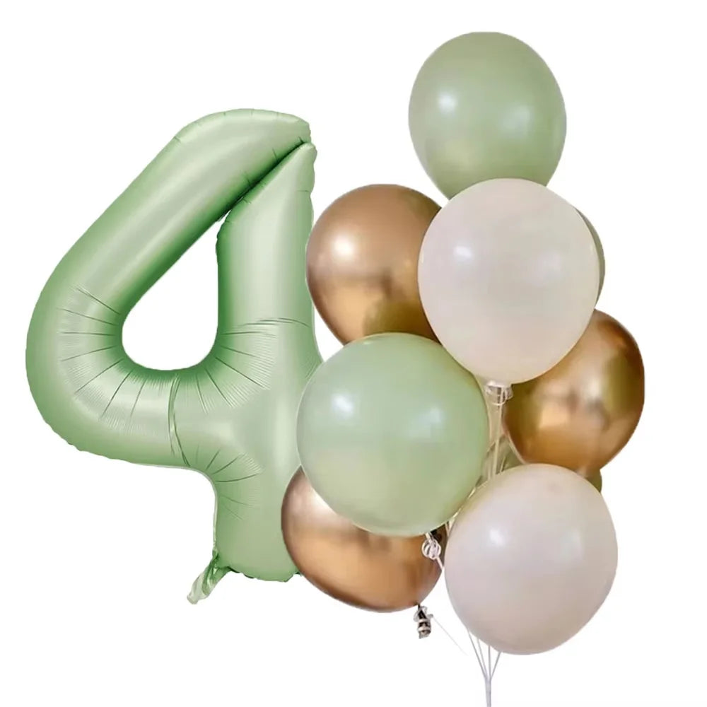 A cluster of olive green and gold foil balloons shaped like the number four.