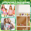 A set of articulated mini animal figurines displayed in various contexts, including children and decorative settings.
