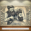 A black and white illustration of a bearded barber with a mustache and tools, framed by decorative elements.