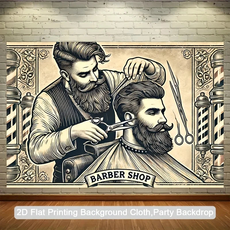 A black and white illustration of a bearded barber with a mustache and tools, framed by decorative elements.