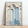 Japanese crane canvas wall art featuring five stylized cranes in blue and black ink on white paper