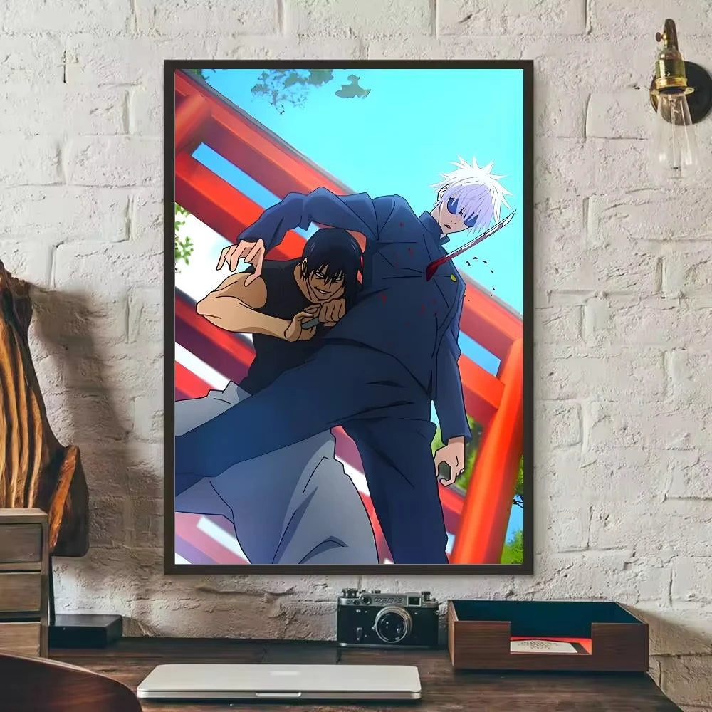 Anime canvas art poster featuring Toji Fushiguro in a dark blue suit with white hair against a bright blue sky and red backgr
