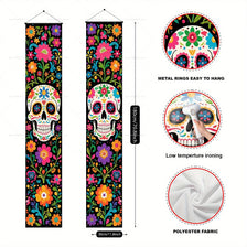 A vertical banner featuring a skull design surrounded by colorful flowers and foliage for Dia de Los Muertos decor
