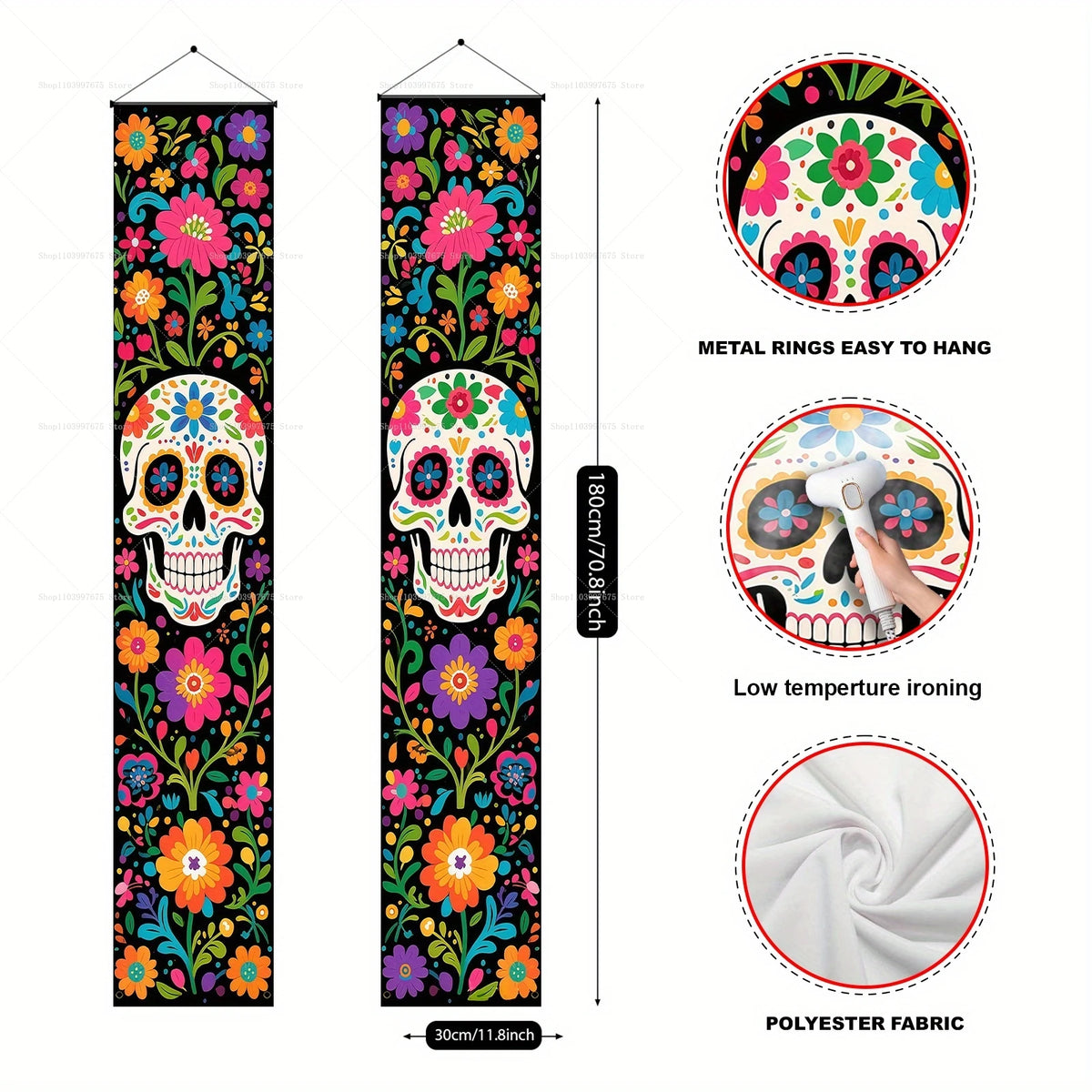 A vertical banner featuring a skull design surrounded by colorful flowers and foliage for Dia de Los Muertos decor