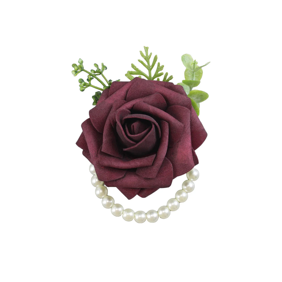 A deep burgundy rose corsage bracelet featuring silk roses and pearl strands for weddings.
