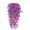 A vibrant cascade of purple and pink artificial morning glory flowers hanging for outdoor decor.