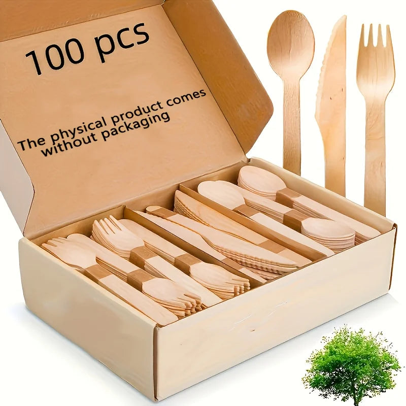 A cardboard box filled with 100 pieces of wooden cutlery, including forks, knives, and spoons.