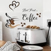 A wall sticker set featuring a coffee cup design and the text But First Coffee on a white tile background.