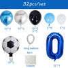 A set of 32 balloons including various colors and sizes, such as blue, white, and black, along with a blue number balloon.