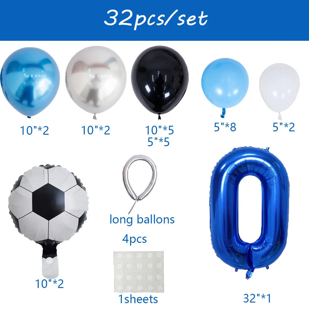 A set of 32 balloons including various colors and sizes, such as blue, white, and black, along with a blue number balloon.