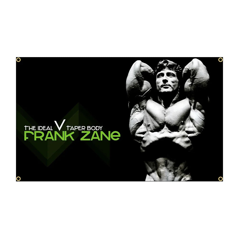 A black banner featuring a muscular man with defined arms and chest, with the text THE IDEAL TAPER BODY FRANK ZANE.