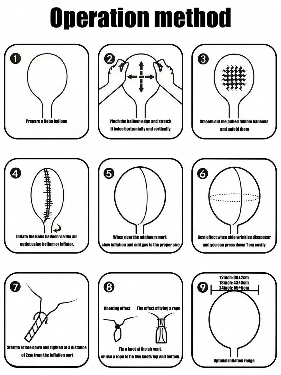 Nine steps detailing the operation method for inflating a balloon set.