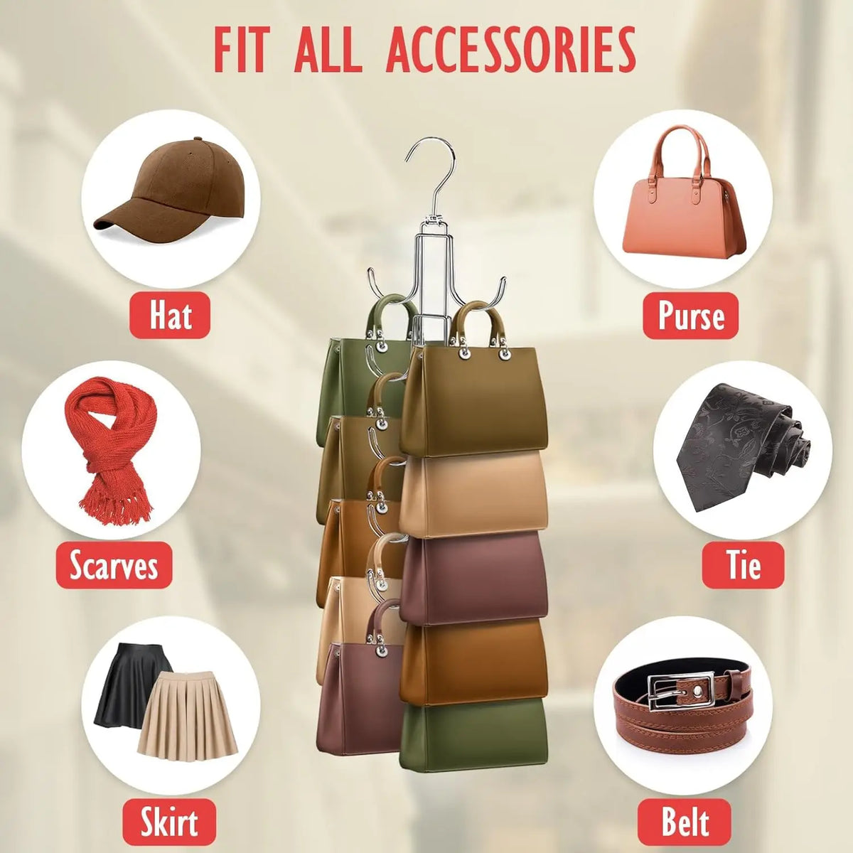 A 5-tier rotating organizer hanger displaying various accessories like hats, scarves, purses, skirts, and belts.