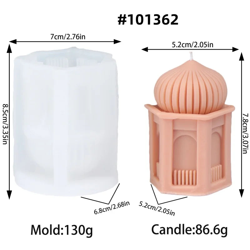 A silicone mold and a finished candle are shown side by side for the Ramadan Mosque theme.