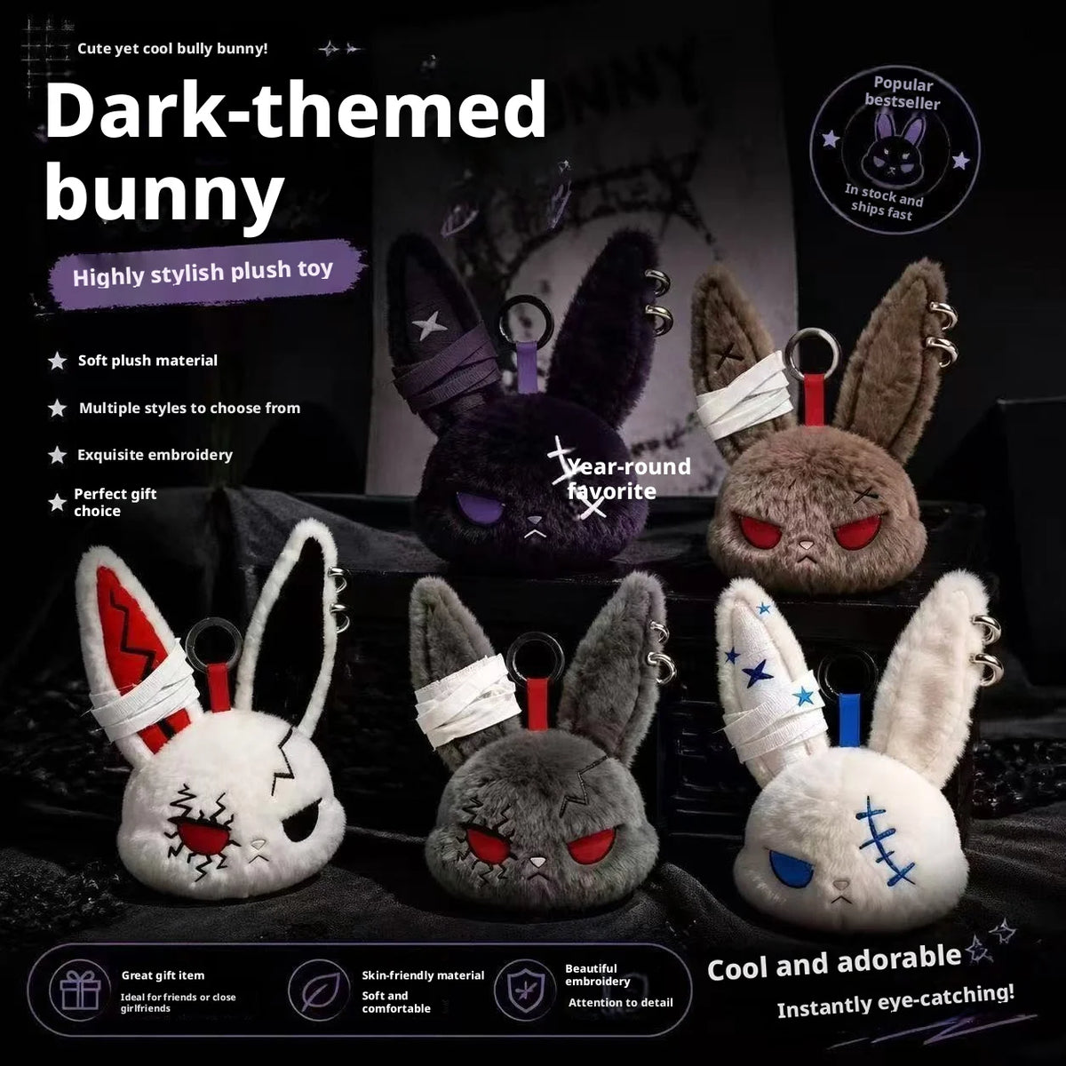A set of dark-themed bunny plush toys featuring embroidered details and bandages.
