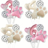 A set of six foil balloons featuring paw prints and numbers 3, 4, 5, and 6 in pink and white.