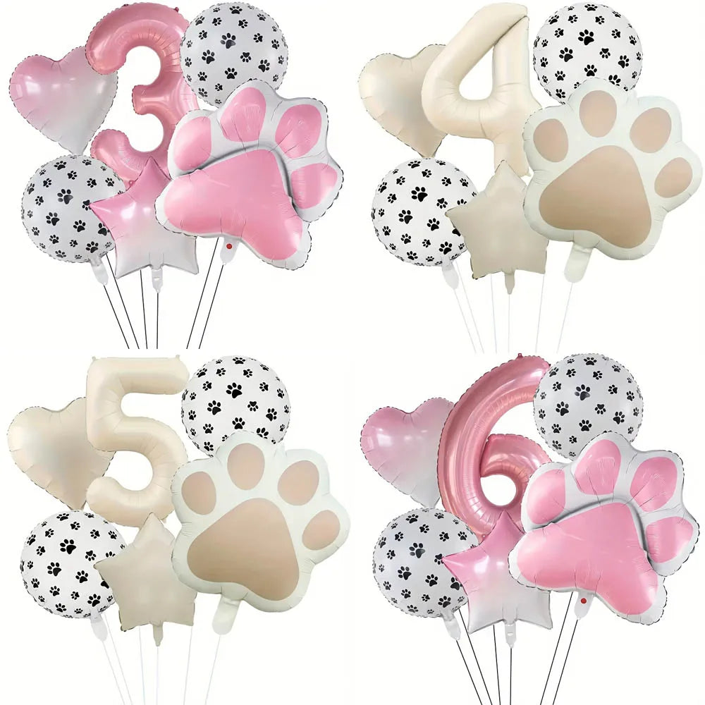 A set of six foil balloons featuring paw prints and numbers 3, 4, 5, and 6 in pink and white.