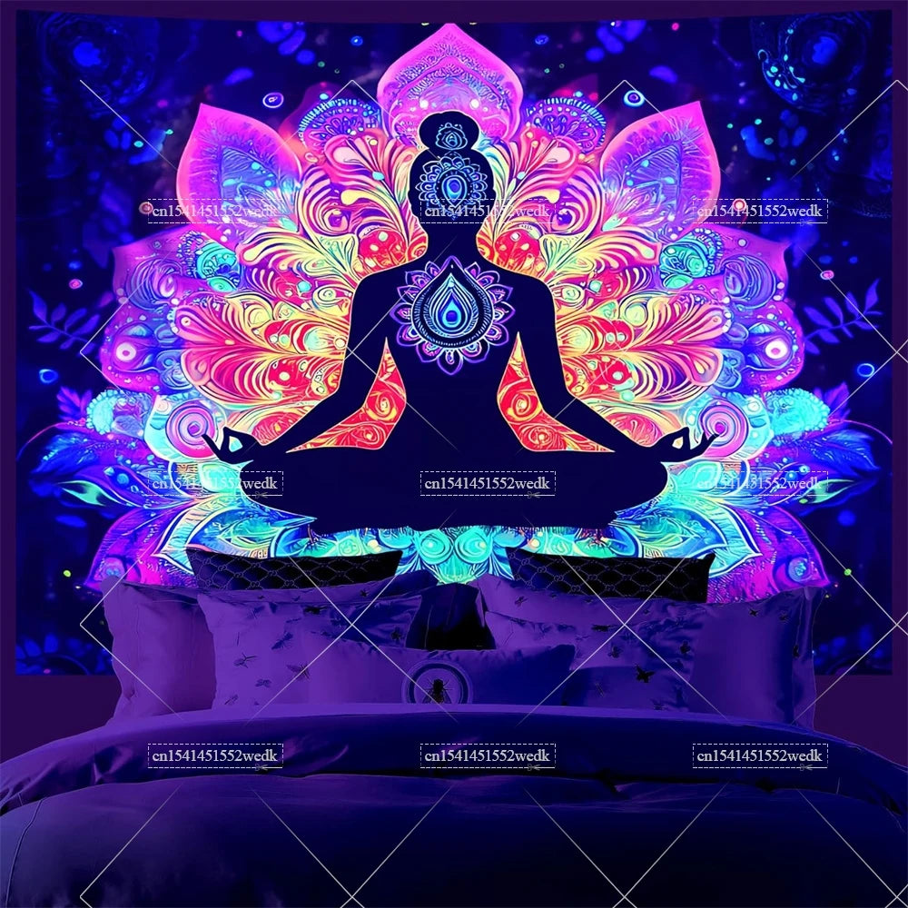 UV reactive chakra lotus tapestry wall hanging featuring a silhouette of a meditating figure surrounded by vibrant, glowing f