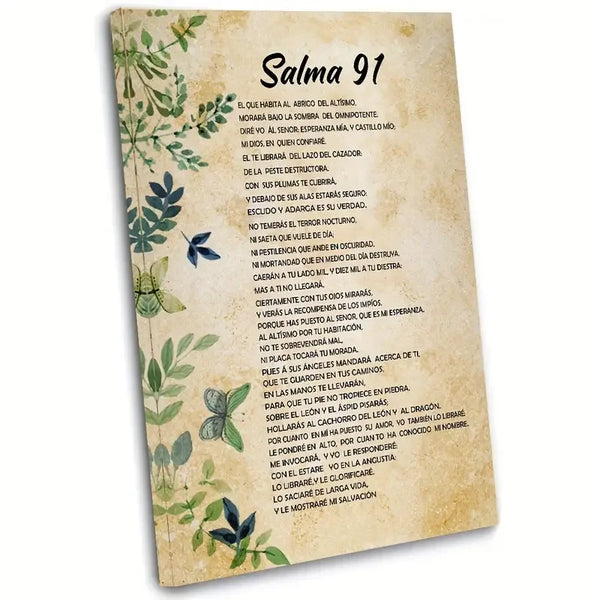 A vertical canvas wall art print featuring Spanish Psalm 91 text on a parchment background with green foliage.