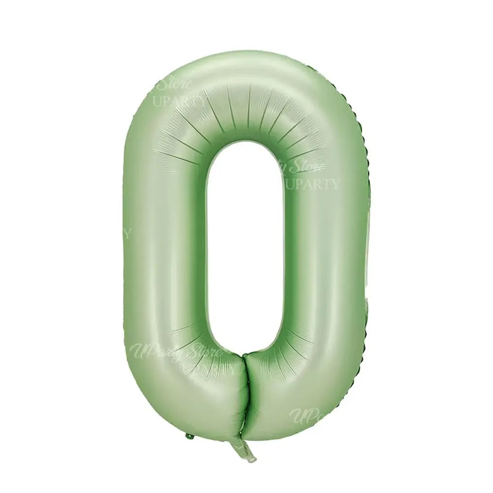 A large foil number zero balloon in a light green color.