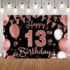A pink and gold glitter party backdrop banner featuring confetti, balloons, and a 'Happy 13th Birthday' design.