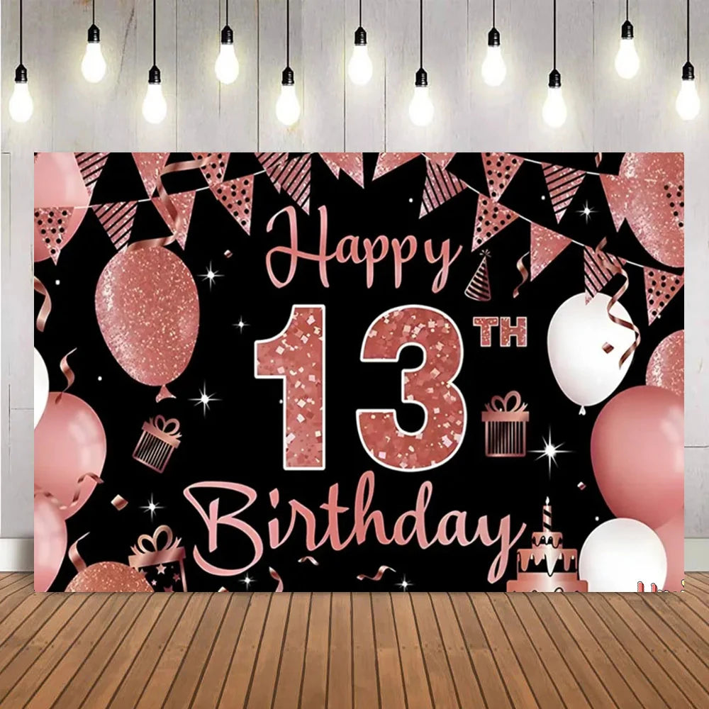 A pink and gold glitter party backdrop banner featuring confetti, balloons, and a 'Happy 13th Birthday' design.
