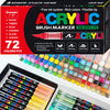 A box of 72 color acrylic brush markers and an open tray displaying various colored markers.