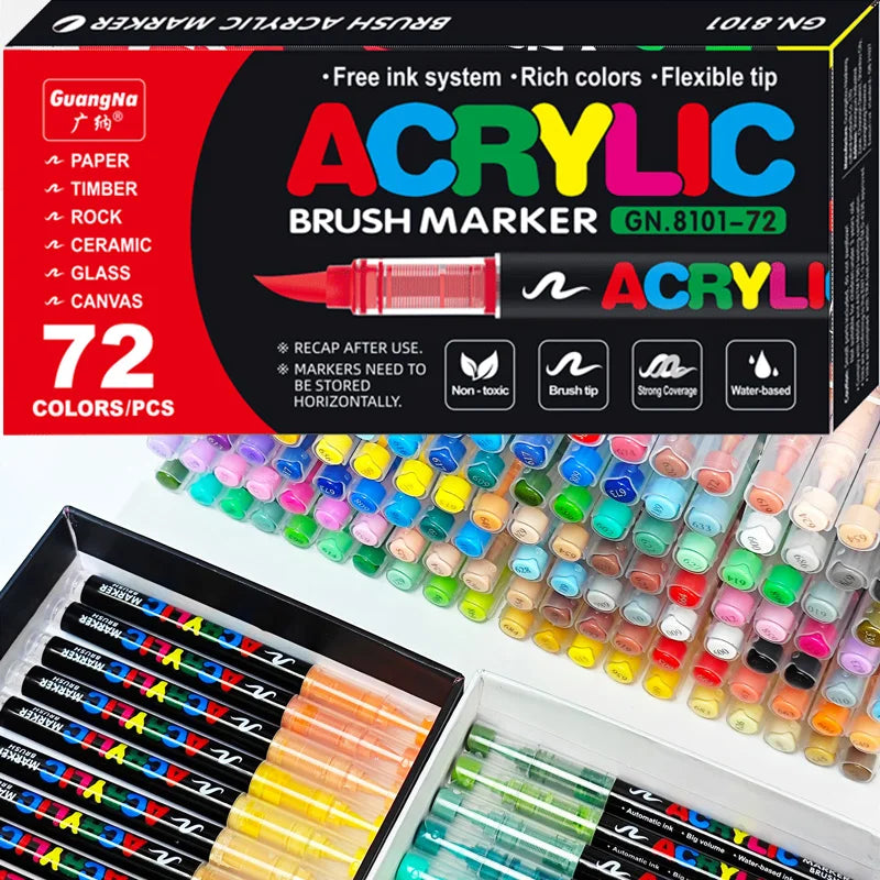 A box of 72 color acrylic brush markers and an open tray displaying various colored markers.