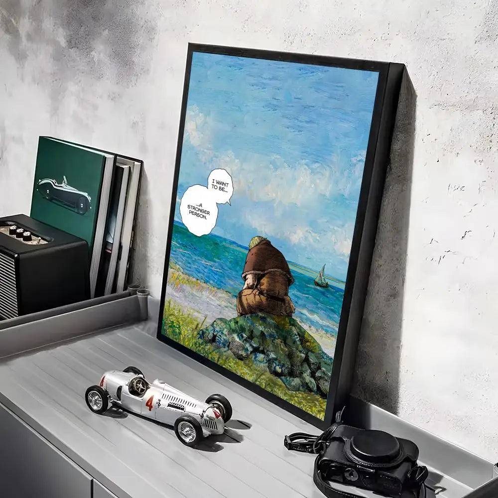 A framed anime poster featuring a seascape and a figure on a cliff, displayed next to a camera.