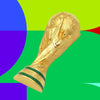 A gold FIFA 2026 World Cup trophy fridge magnet set against a bright green background.