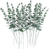 A sprig of artificial eucalyptus leaves with slender stems and rounded green foliage.