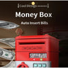 Red money box with slots for bills and coins, featuring a digital display.