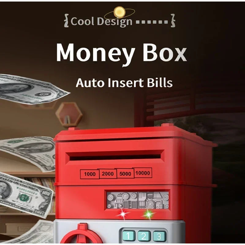 Red money box with slots for bills and coins, featuring a digital display.