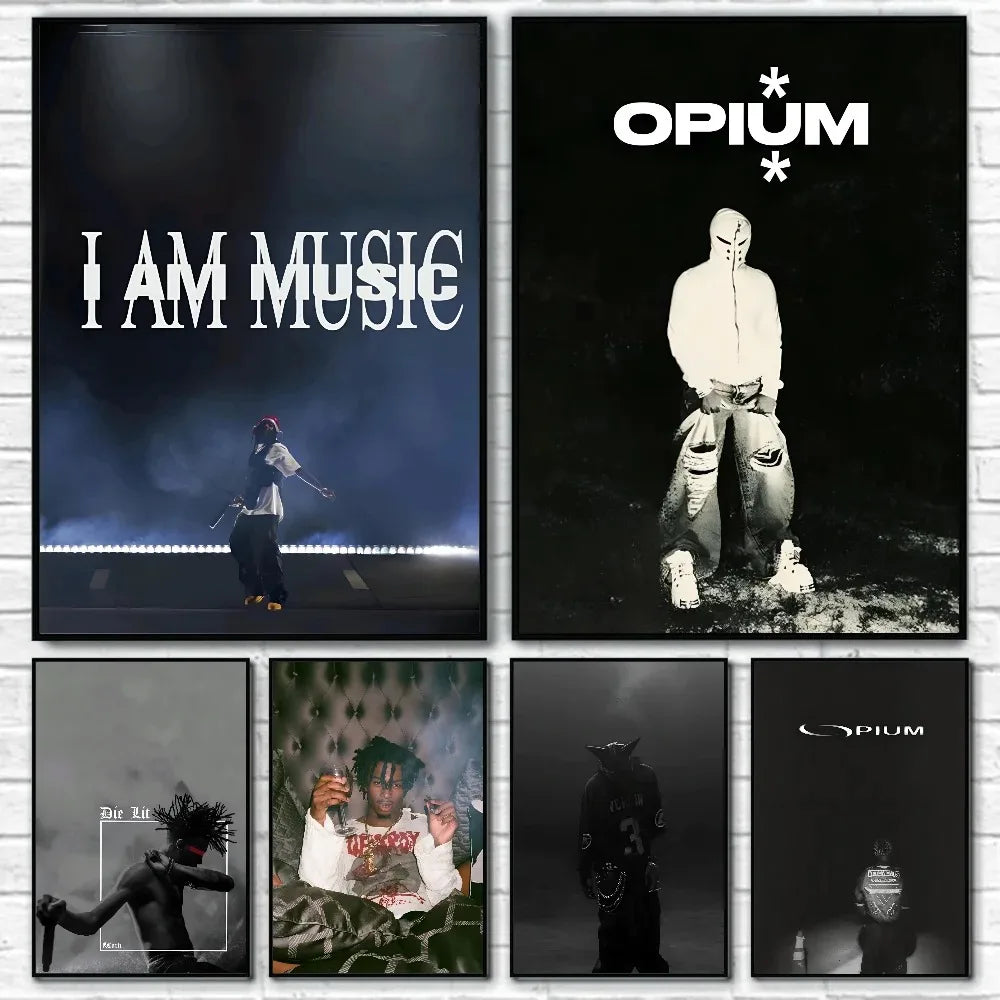 A collage of black and white album art featuring Playboi Carti's Opium and other music related imagery.