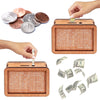 A set of wooden piggy banks showing various coin denominations and bills for saving goals.