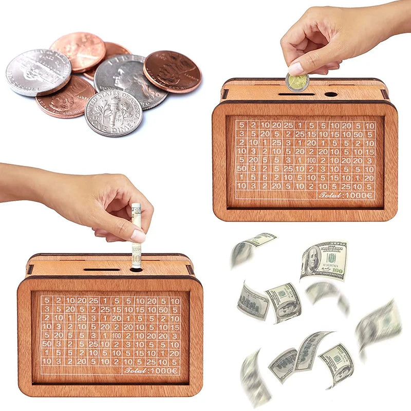 A set of wooden piggy banks showing various coin denominations and bills for saving goals.