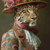 A portrait of a leopard wearing a floral hat and richly patterned clothing.