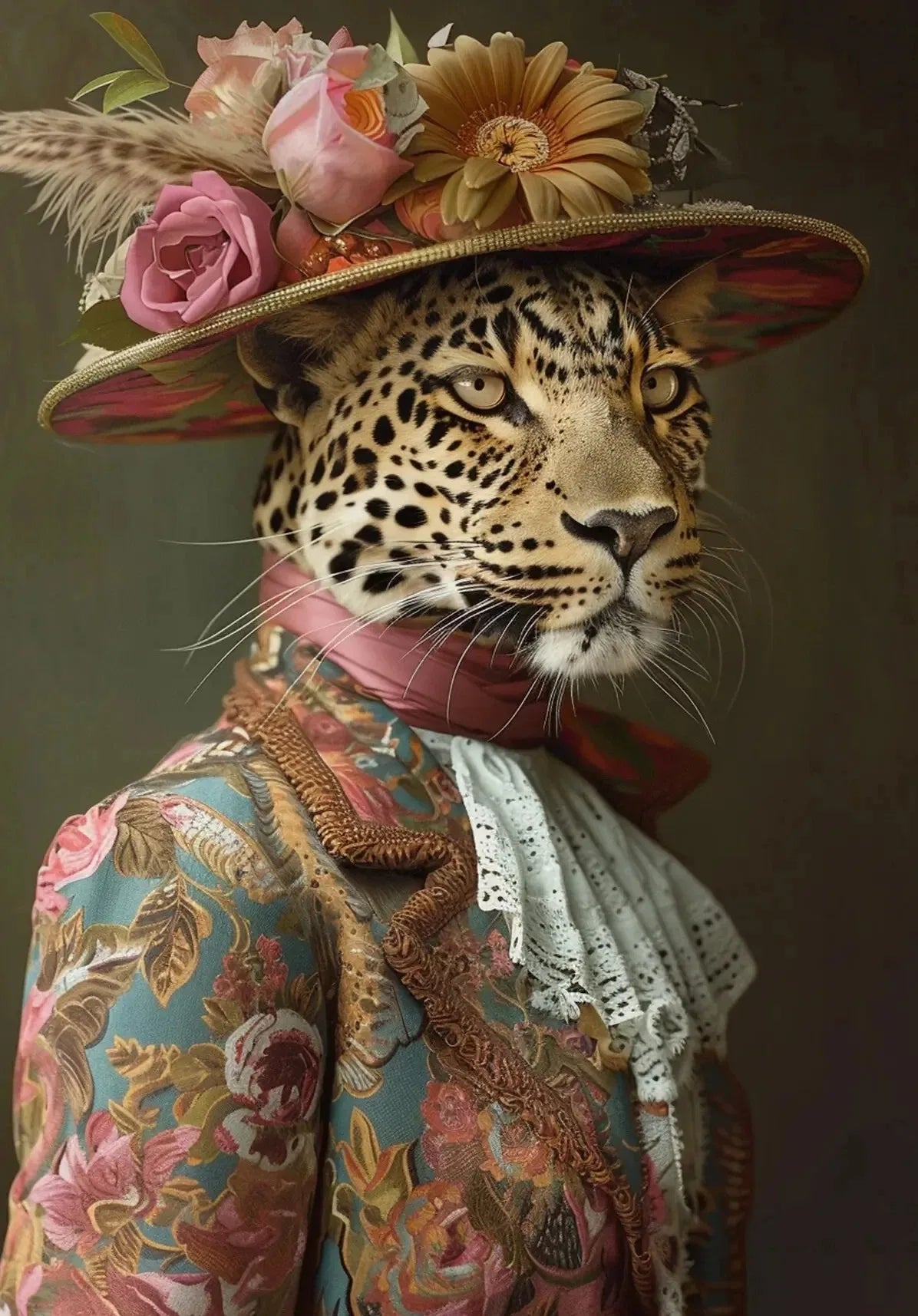 A portrait of a leopard wearing a floral hat and richly patterned clothing.