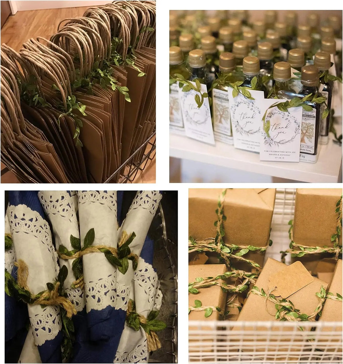 A variety of artificial green climbing vines used as home decor and gift wrapping accents.
