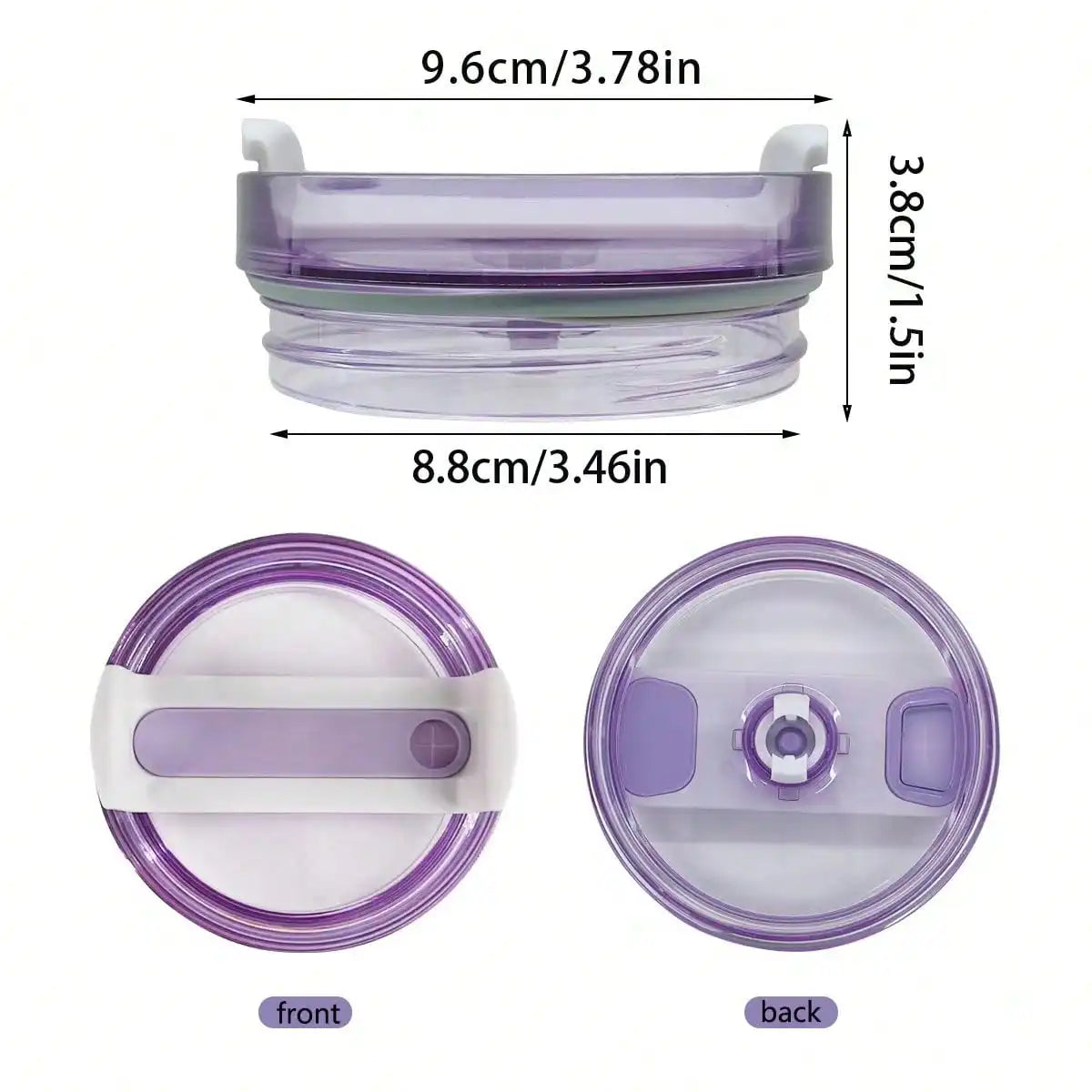 Purple replacement tumbler lid with a clear silicone seal shown from the front and back.