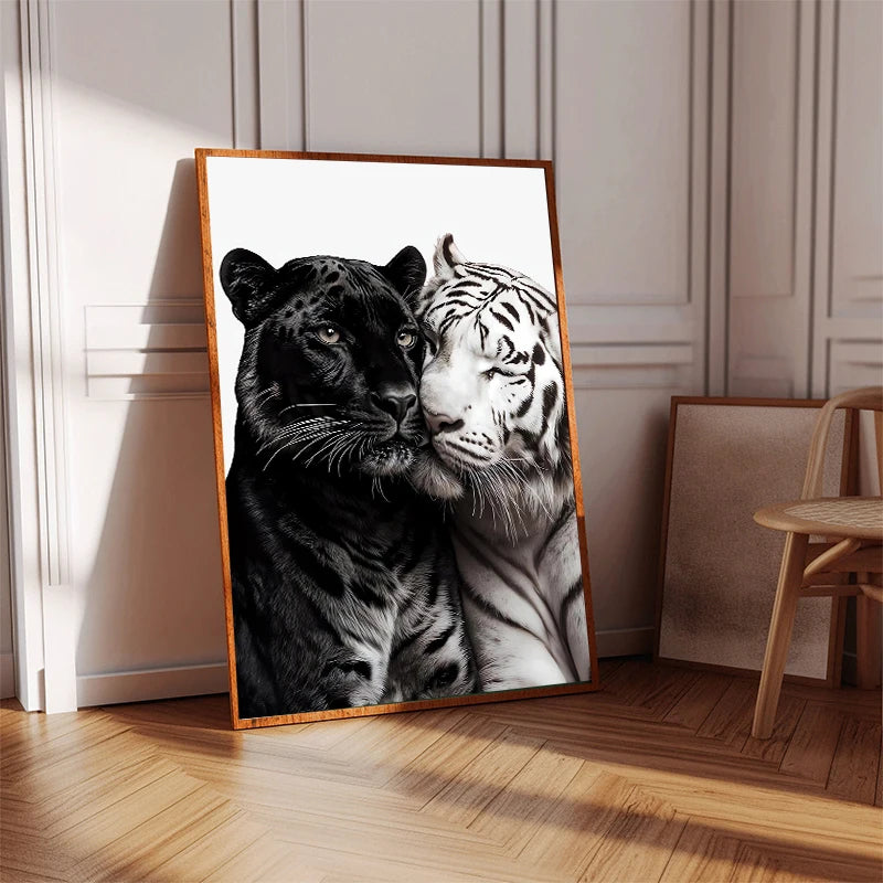 A canvas art print featuring a close-up of a black panther and a white tiger head side by side.